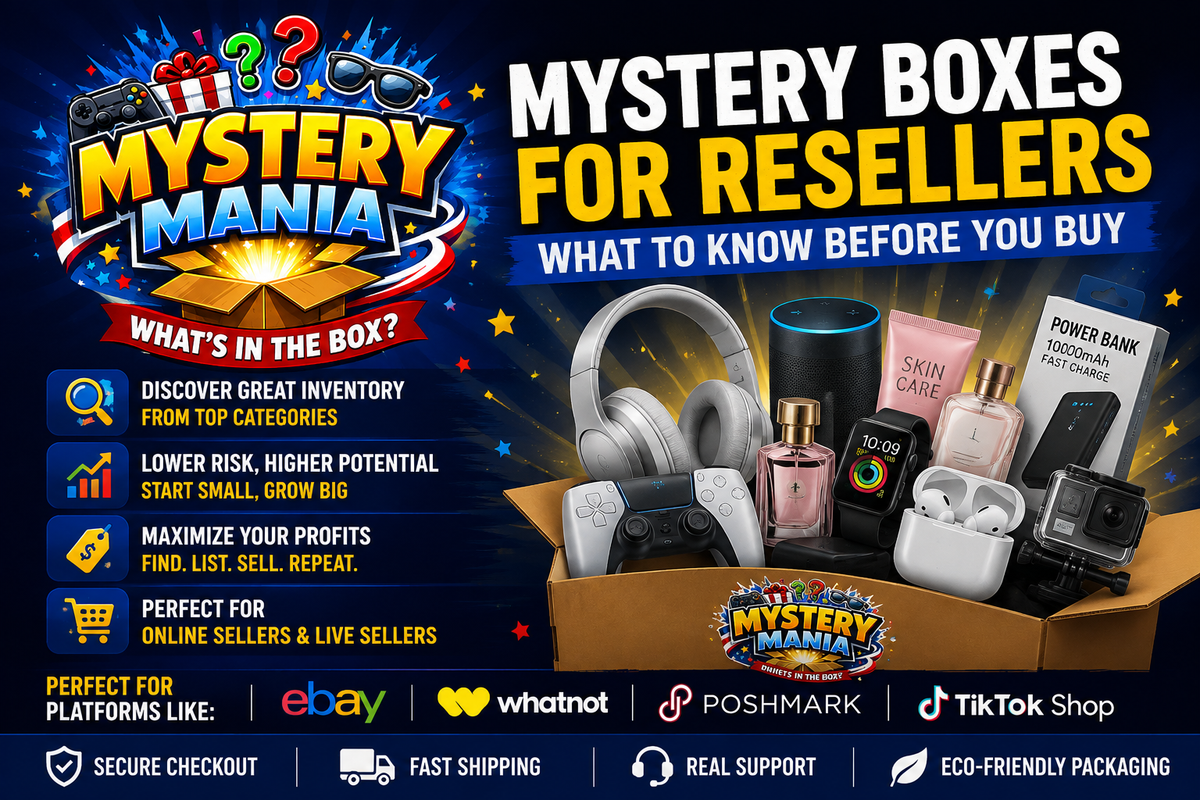 Mystery boxes for resellers with electronics, beauty products and resale inventory